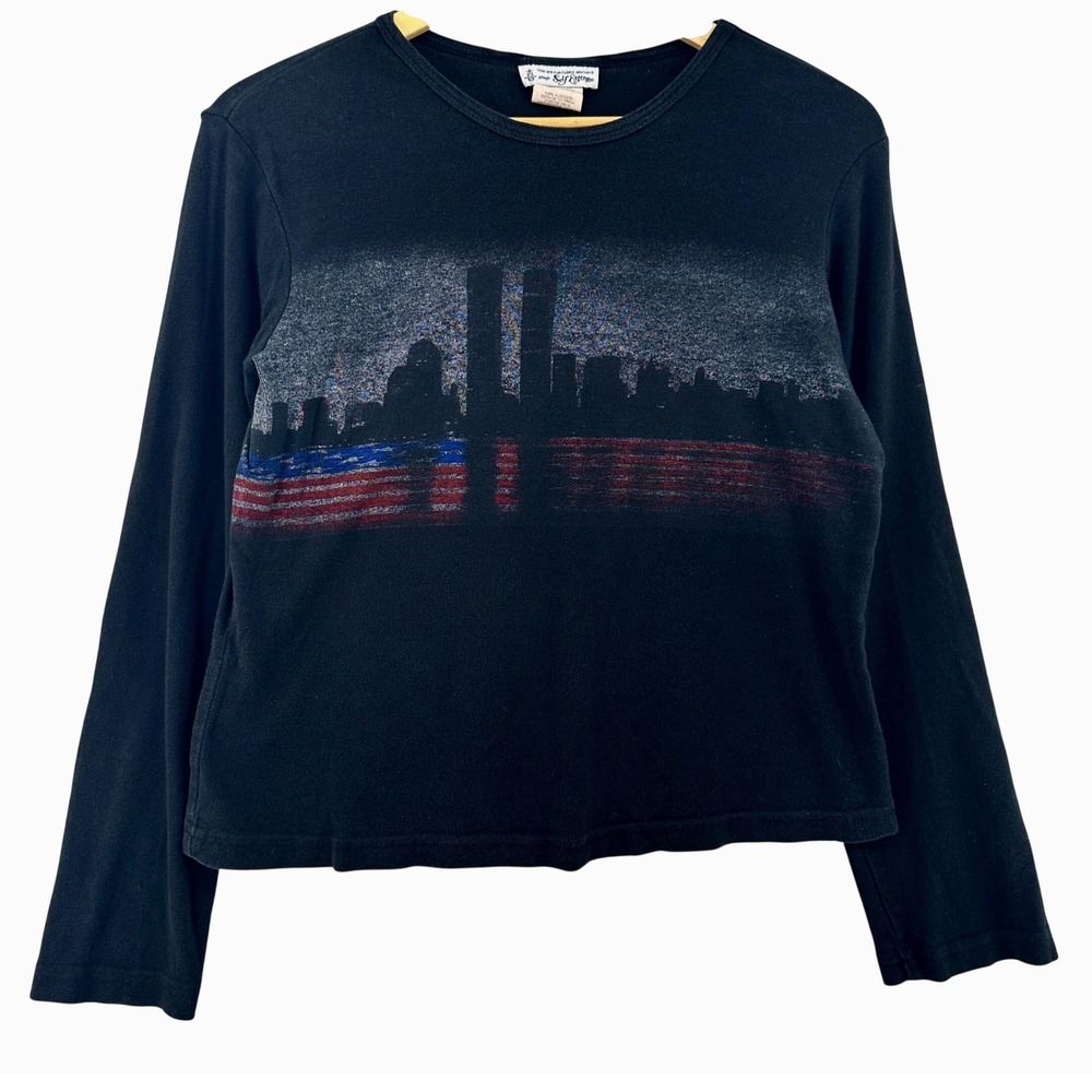 VTG Self Esteem NYC Twin Towers 9/11 Skyline American Flag Black Top Kids L Y2K